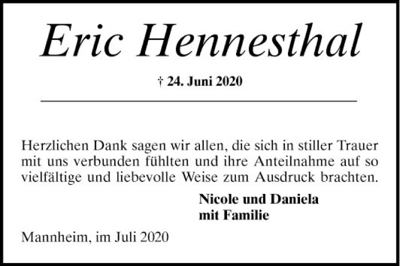  Traueranzeige für Eric Hennesthal vom 11.07.2020 aus Mannheimer Morgen