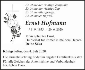 Traueranzeige von Ernst Hofmann von Fränkische Nachrichten
