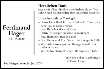 Traueranzeige von Ferdinand Hager von Fränkische Nachrichten