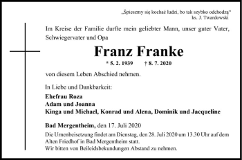 Traueranzeige von Franz Franke von Fränkische Nachrichten