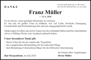 Traueranzeige von Franz Müller von Fränkische Nachrichten