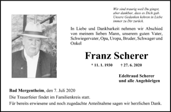 Traueranzeige von Franz Scherer von Fränkische Nachrichten