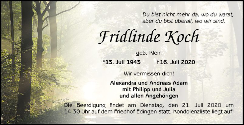  Traueranzeige für Fridlinde Koch vom 18.07.2020 aus Mannheimer Morgen
