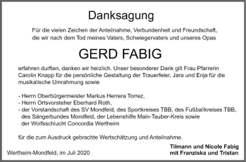 Traueranzeige von Gerd Fabig von Fränkische Nachrichten
