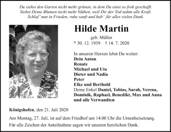 Traueranzeige von Hilde Martin von Fränkische Nachrichten