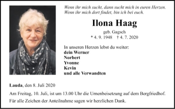 Traueranzeige von Ilona Haag von Fränkische Nachrichten