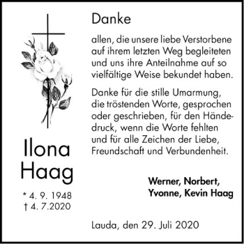 Traueranzeige von Ilona Haag von Fränkische Nachrichten