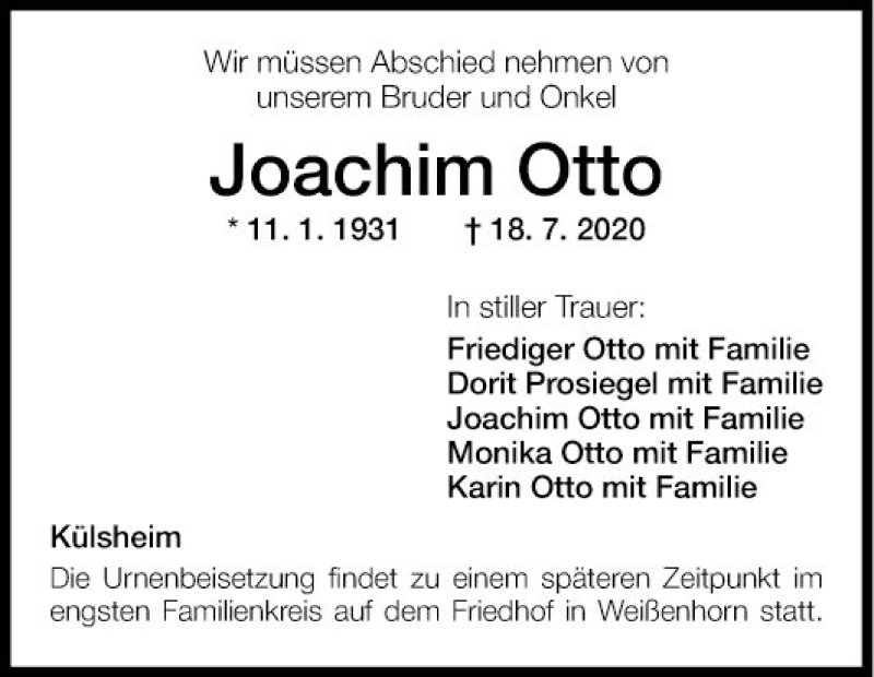  Traueranzeige für Joachim Otto vom 22.07.2020 aus Fränkische Nachrichten