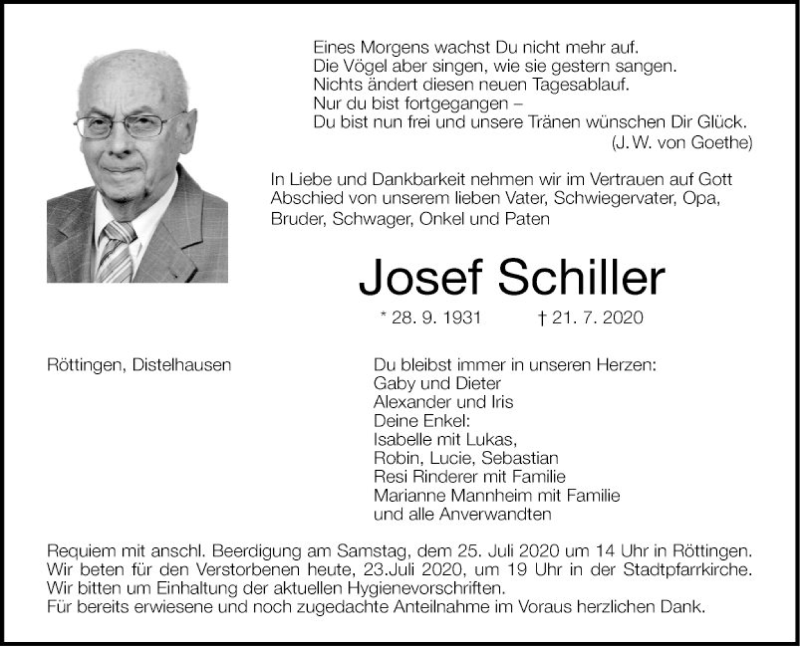 Traueranzeigen von Josef Schiller | Trauerportal Ihrer Tageszeitung