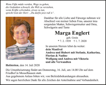 Traueranzeige von Marga Englert von Fränkische Nachrichten