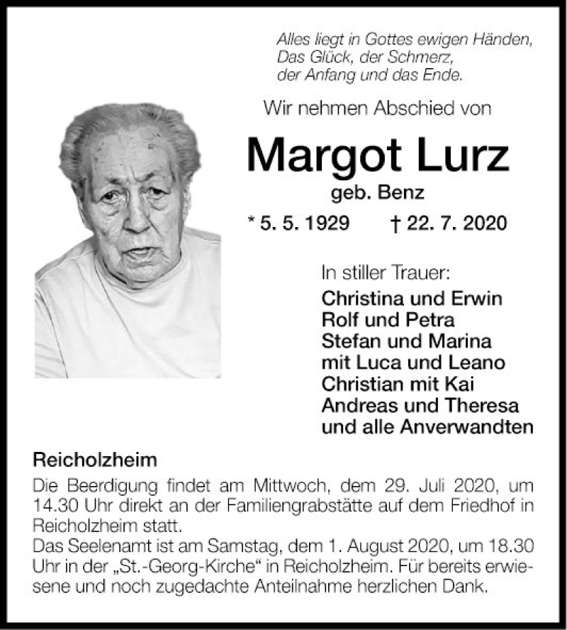  Traueranzeige für Margot Lurz vom 25.07.2020 aus Fränkische Nachrichten