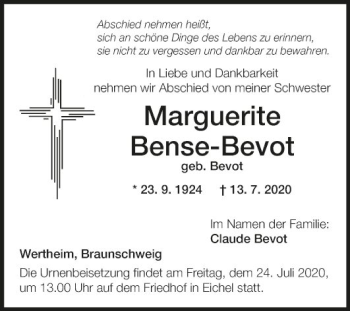 Traueranzeige von Marguerite Bense-Bevot von Fränkische Nachrichten