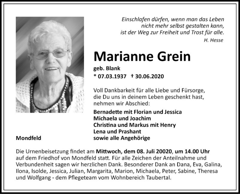  Traueranzeige für Marianne Grein vom 04.07.2020 aus Fränkische Nachrichten