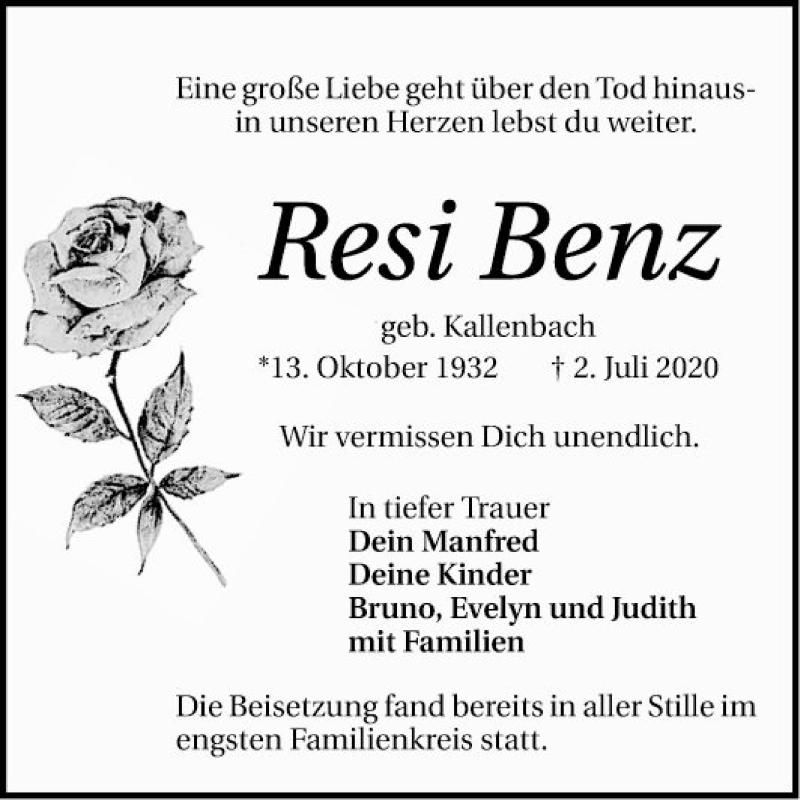  Traueranzeige für Resi Benz vom 18.07.2020 aus Mannheimer Morgen