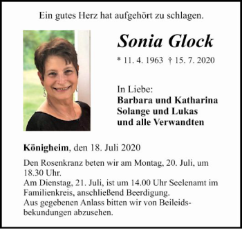 Traueranzeige von Sonia Glock von Fränkische Nachrichten