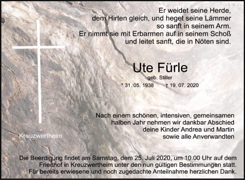  Traueranzeige für Ute Fürle vom 22.07.2020 aus Fränkische Nachrichten