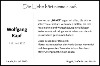 Traueranzeige von Wolfgang Kapf von Fränkische Nachrichten