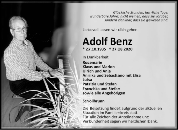 Traueranzeige von Adolf Benz von Fränkische Nachrichten