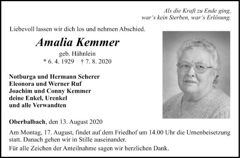  Traueranzeige für Amalie Kemmer vom 13.08.2020 aus Fränkische Nachrichten