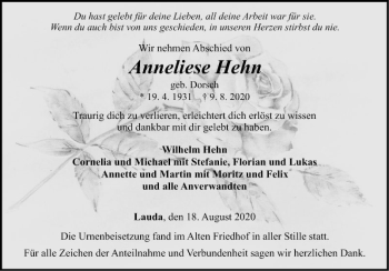 Traueranzeige von Anneliese Hehn von Fränkische Nachrichten