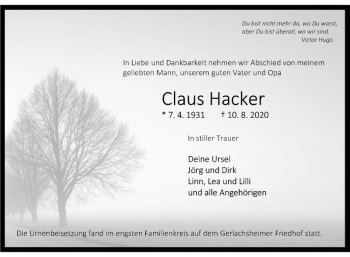 Traueranzeige von Claus Hacker von Fränkische Nachrichten