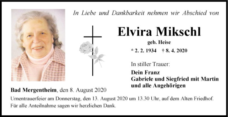  Traueranzeige für Elvira Mikschl vom 08.08.2020 aus Fränkische Nachrichten