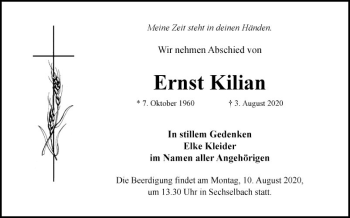 Traueranzeige von Ernst Kilian von Fränkische Nachrichten
