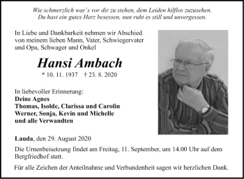 Traueranzeige von Hansi Ambach von Fränkische Nachrichten