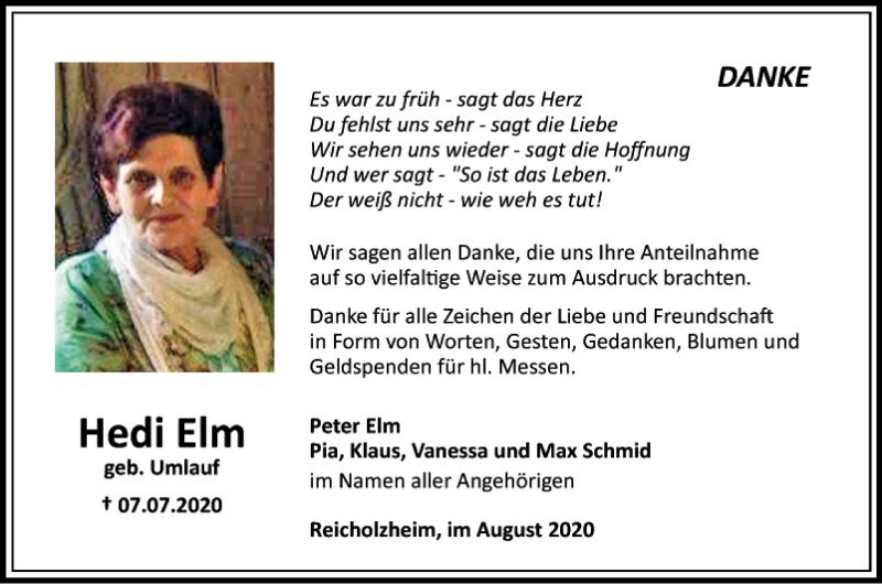  Traueranzeige für Hedi Elm vom 01.08.2020 aus Fränkische Nachrichten