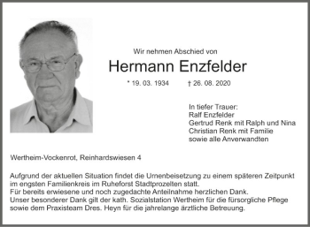 Traueranzeige von Hermann Enzfelder von Fränkische Nachrichten
