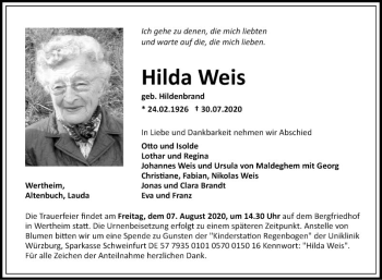 Traueranzeige von Hilda Weis von Fränkische Nachrichten
