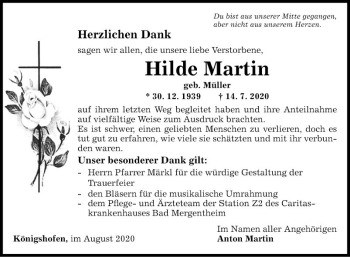 Traueranzeige von Hilde Martin von Fränkische Nachrichten