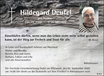 Traueranzeige von Hildegard Deufel von Fränkische Nachrichten