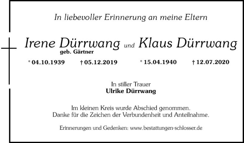  Traueranzeige für Irene Dürrwang vom 01.08.2020 aus Südhessen Morgen