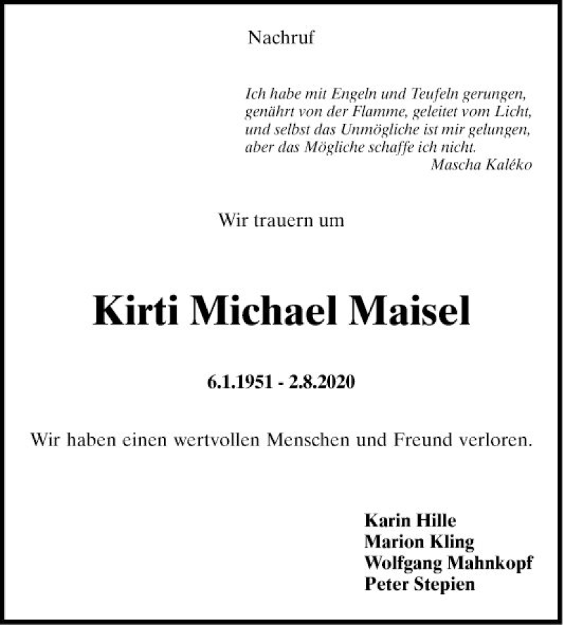  Traueranzeige für Kirti Michael Maisel vom 15.08.2020 aus Mannheimer Morgen