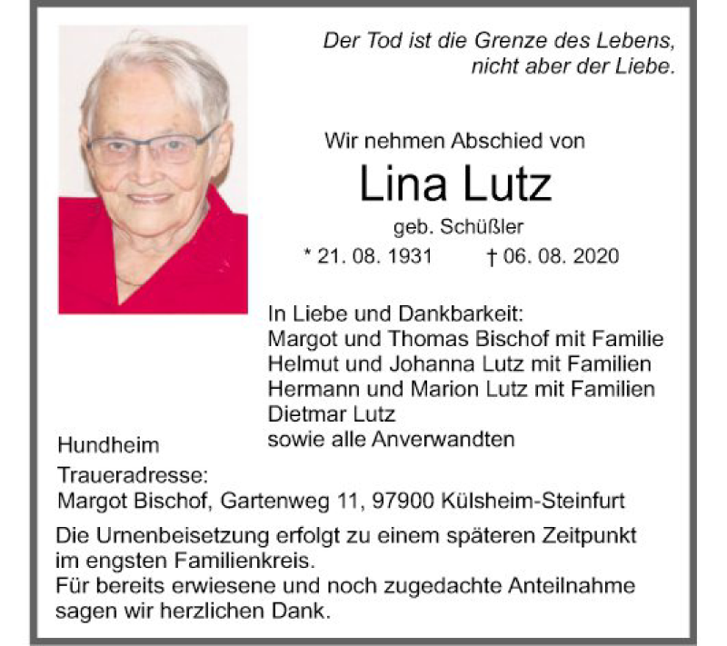  Traueranzeige für Lina Lutz vom 15.08.2020 aus Fränkische Nachrichten