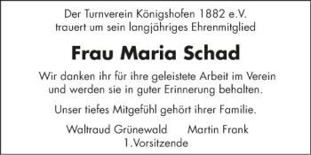 Traueranzeige von Maria Schad von Fränkische Nachrichten