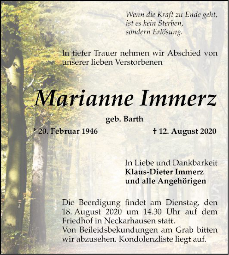  Traueranzeige für Marianne Immerz vom 15.08.2020 aus Mannheimer Morgen