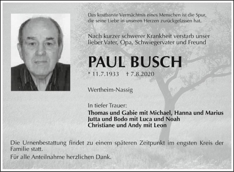  Traueranzeige für Paul Busch vom 12.08.2020 aus Fränkische Nachrichten