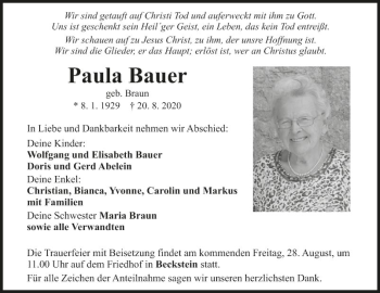 Traueranzeige von Paula Bauer von Fränkische Nachrichten