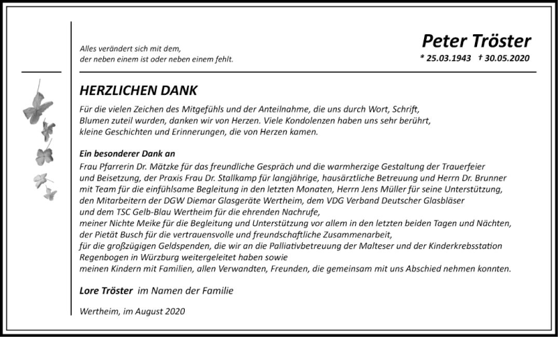  Traueranzeige für Peter Tröster vom 22.08.2020 aus Fränkische Nachrichten
