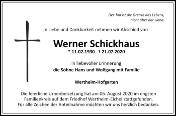 Traueranzeige von Werner Schickhaus von Fränkische Nachrichten