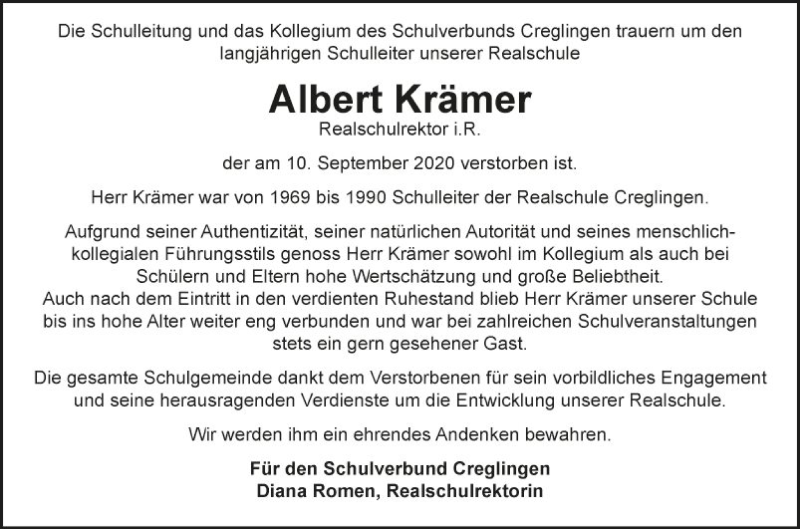  Traueranzeige für Albert Krämer vom 15.09.2020 aus Fränkische Nachrichten