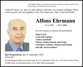 Traueranzeige von Alfons Ehrmann von Fränkische Nachrichten