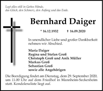 Traueranzeige von Bernhard Daiger von Mannheimer Morgen