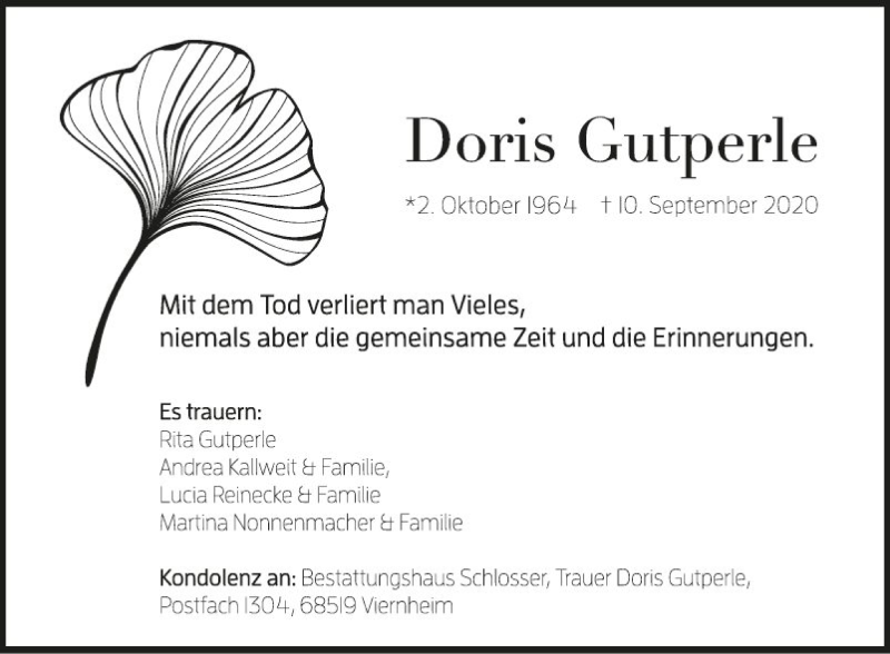  Traueranzeige für Doris Gutperle vom 19.09.2020 aus Südhessen Morgen