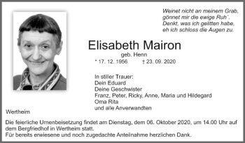 Traueranzeige von Elisabeth Mairun von Fränkische Nachrichten