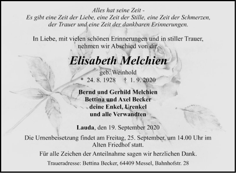  Traueranzeige für Elisabeth Melchien vom 19.09.2020 aus Fränkische Nachrichten