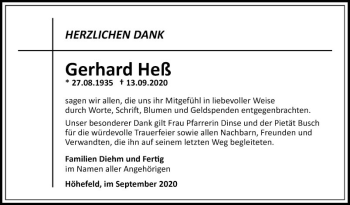 Traueranzeige von Gerhard Heß von Fränkische Nachrichten