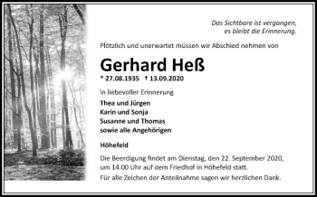 Traueranzeige von Gerhard Heß von Fränkische Nachrichten